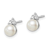 Sterling Silver Diamond and Freshwater Pearl Earrings with Rhodium Plating, Polished Finish